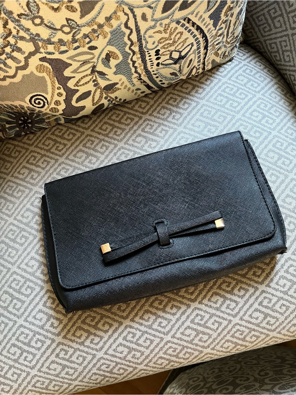 ASOS Black Textured Bow-Accent Clutch with Gold Hardware